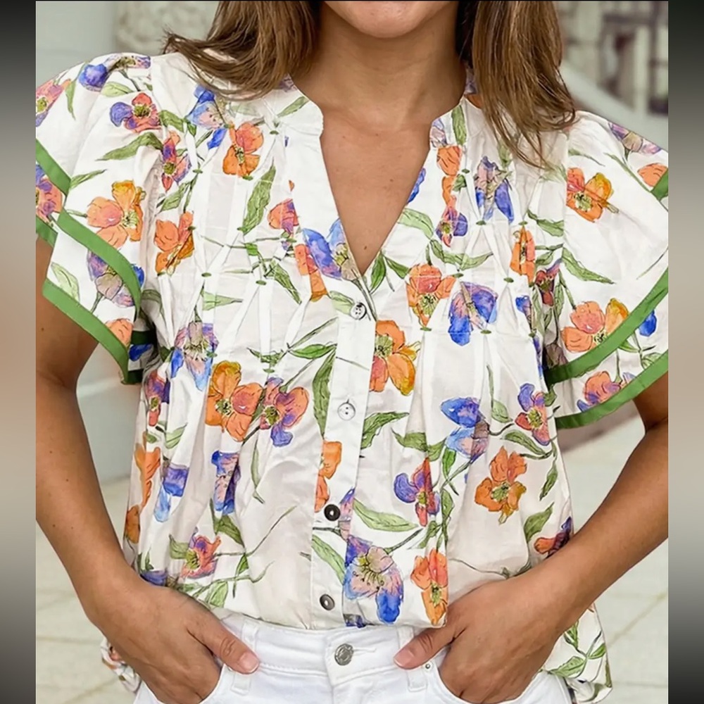 Floral Button-Front Flutter Sleeve Top - White with Orange & Blue Flowers